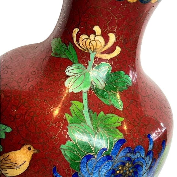 Vintage Chinese Cloisonne Enamel Floral & Bird Vase 9" - Picture 4 of 9